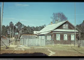 Holzhaus mit Schornsteinen und Wald