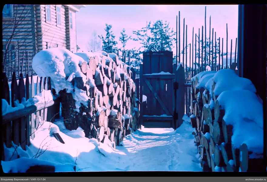 Wooden fence and gate with firewood stacks