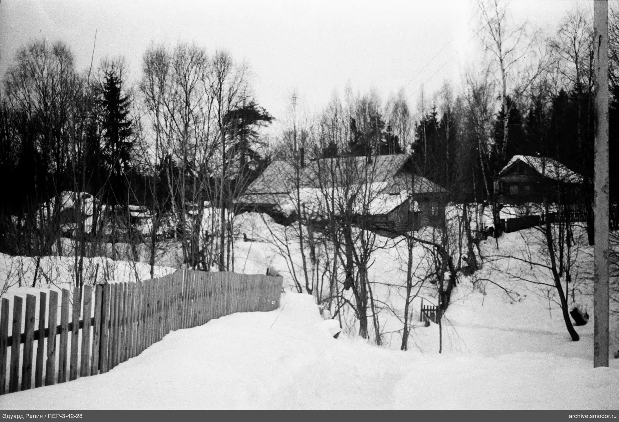 Snow-covered road with houses and forest