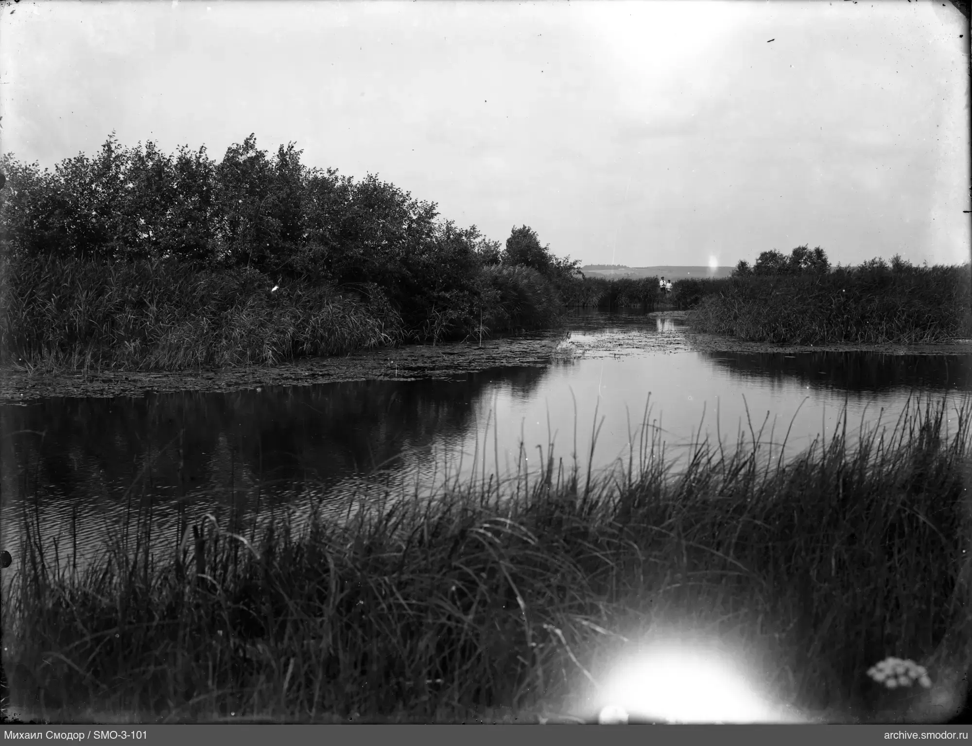 Gewässer mit Spiegelungen von Himmel und Vegetation