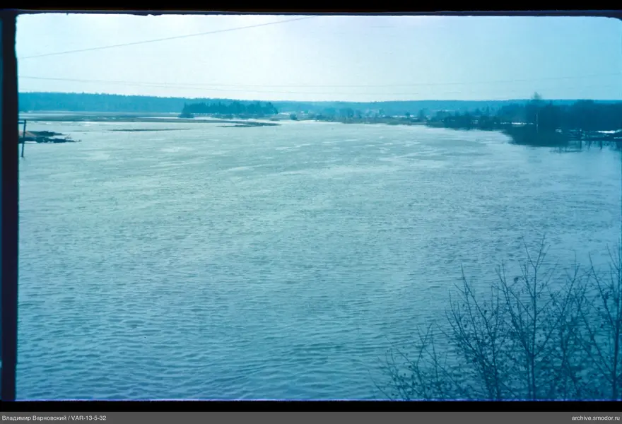Breiter Fluss mit Waldlinie und Gebäuden