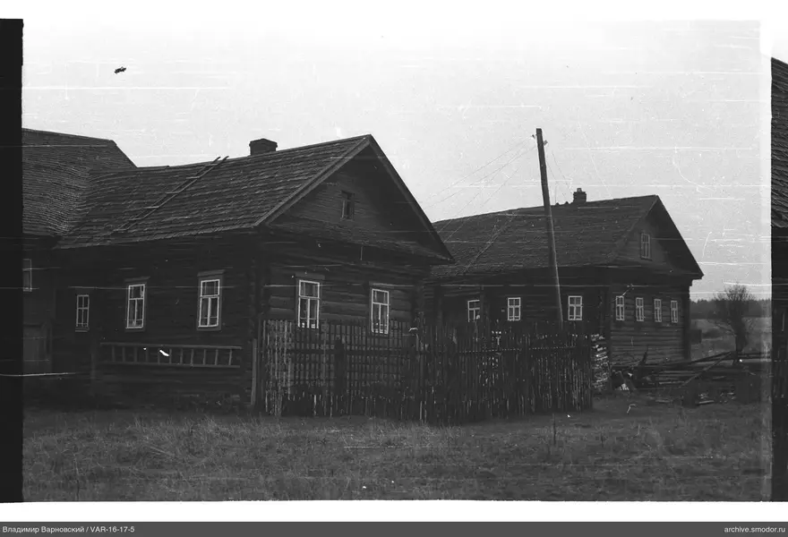 Zwei Holzhäuser mit Zaun und Drähten