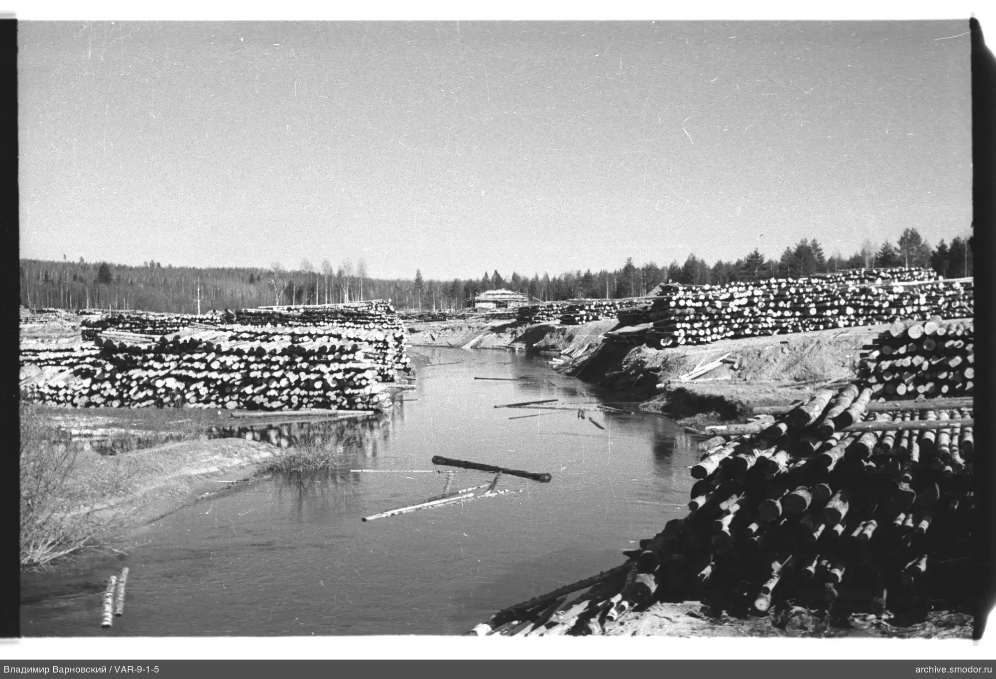 Fluss mit treibenden Baumstämmen und Stapeln