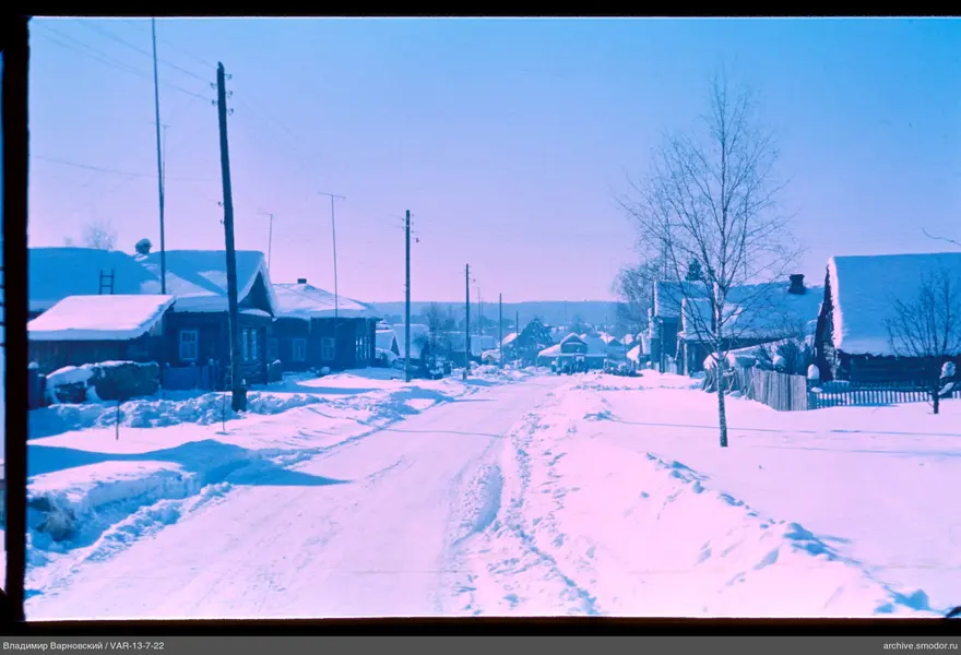 View of snowy street with houses and tree