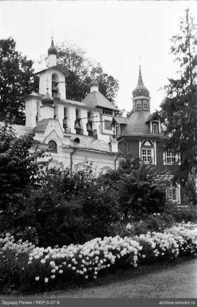 Blühende Büsche und Gebäude vor Bäumen