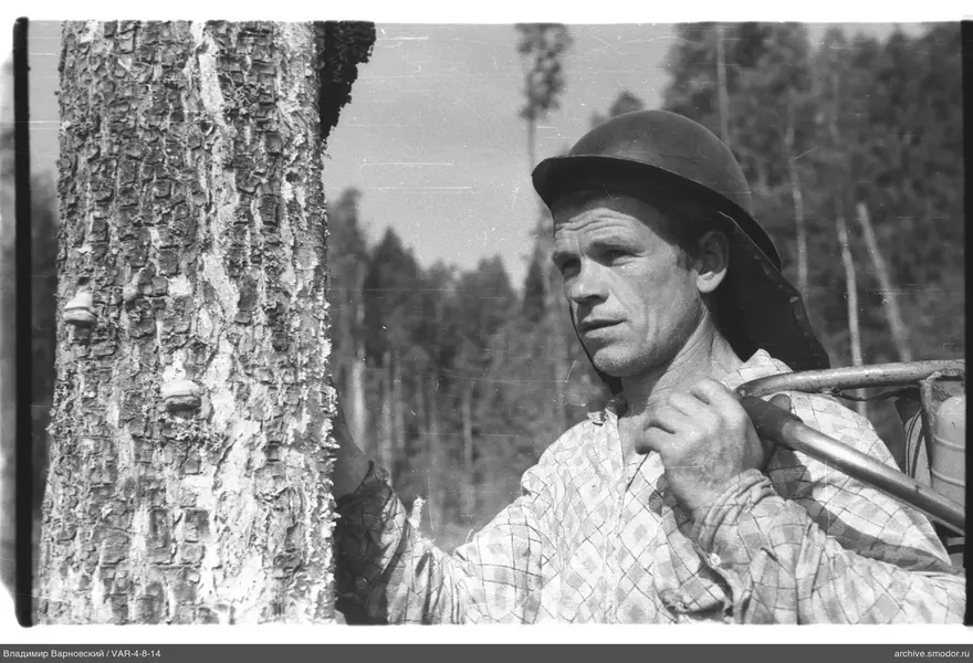 Man with metal tube next to a tree