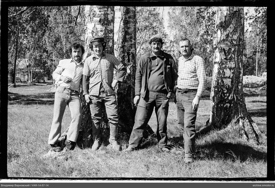 Gruppe von Männern auf Gras bei Birken